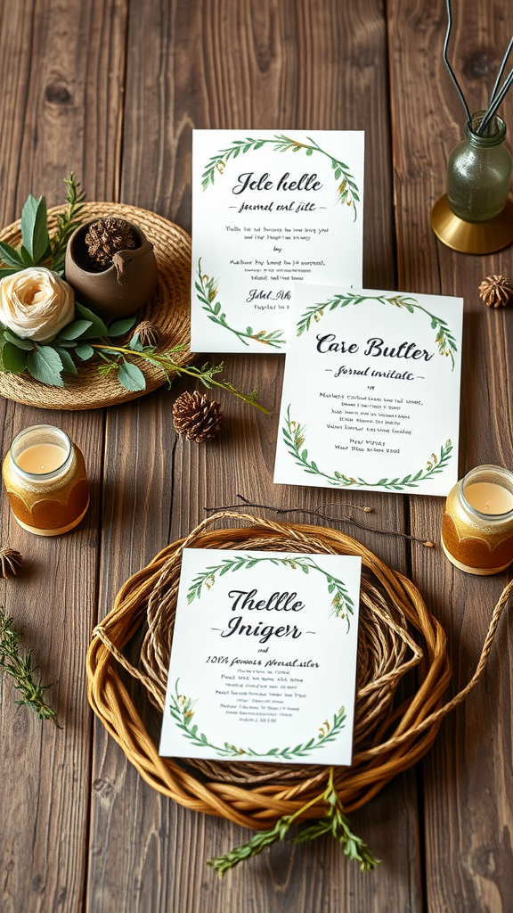 Beautifully crafted invitations for a cozy gathering, surrounded by natural decor.