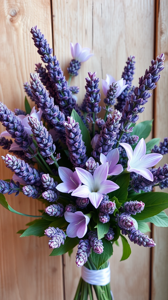 A bouquet featuring lavender spikes and soft lavender lilies, set against a wooden background.