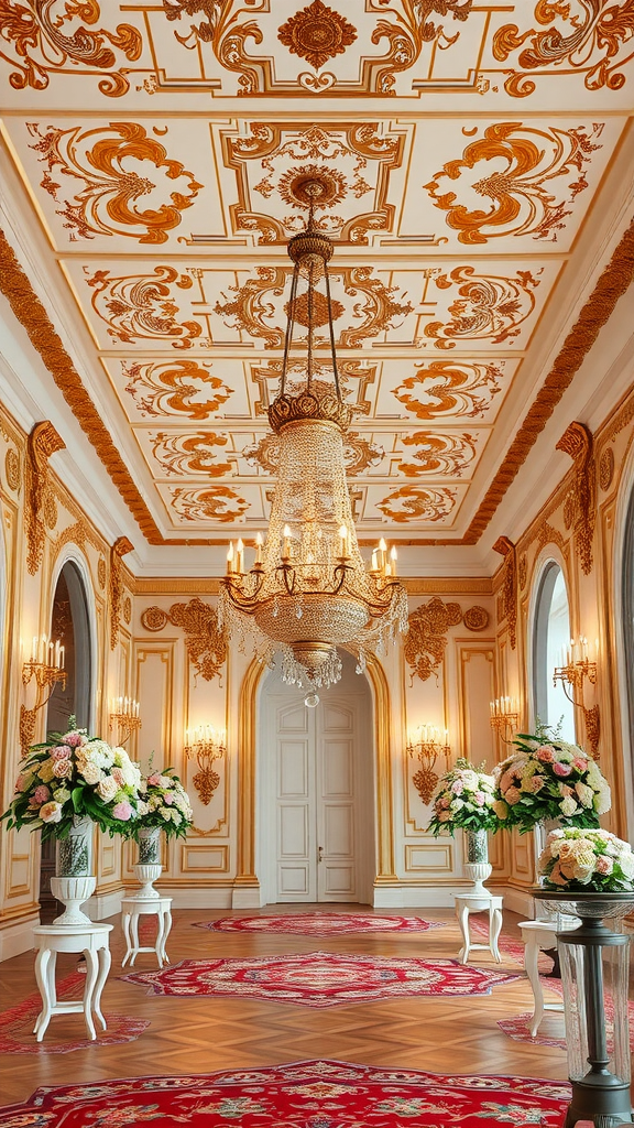 A lavish Rococo themed room featuring ornate gold decorations, a grand chandelier, and floral arrangements.