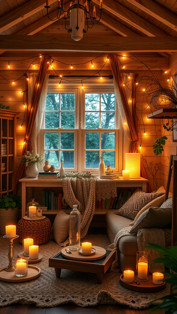 Cozy room with layered lighting from string lights and candles.
