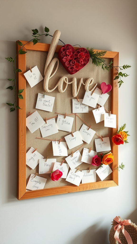 A decorative wall with a love theme featuring handwritten notes, roses, and a central 'love' sign.