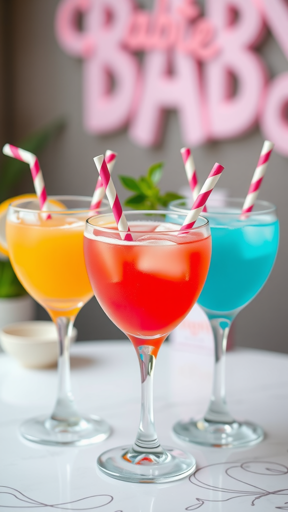 Colorful Love Potion Mocktails in glasses with striped straws. Valentine Baby Shower Ideas