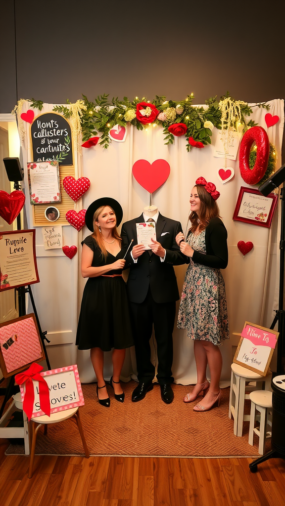A couple posing at a love story themed photo booth, with a backdrop of hearts and flowers.
