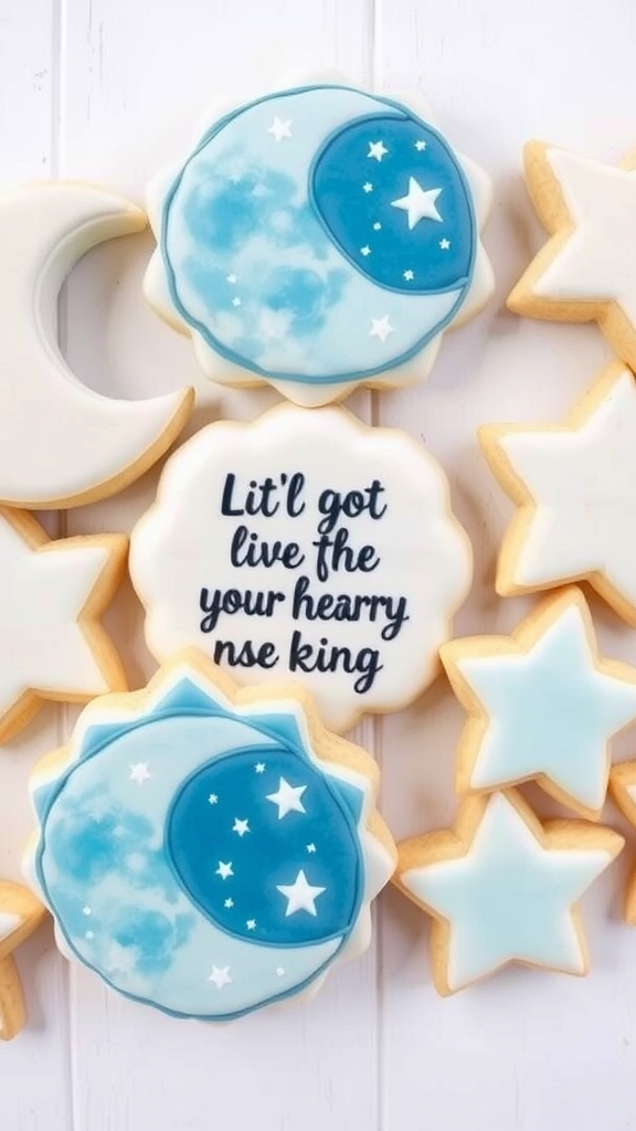 Decorated star-shaped cookies with blue accents and a message 'Are you like yours felt mee!'