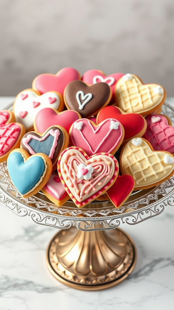 A platter of colorful heart-shaped sugar cookies in various designs, perfect for a Valentine baby shower.