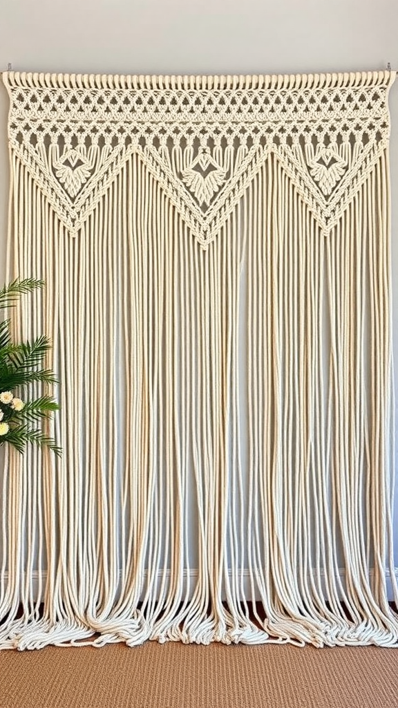 A beautiful macrame backdrop with intricate designs and long fringes, ideal for photography. boho themed 1st birthday party