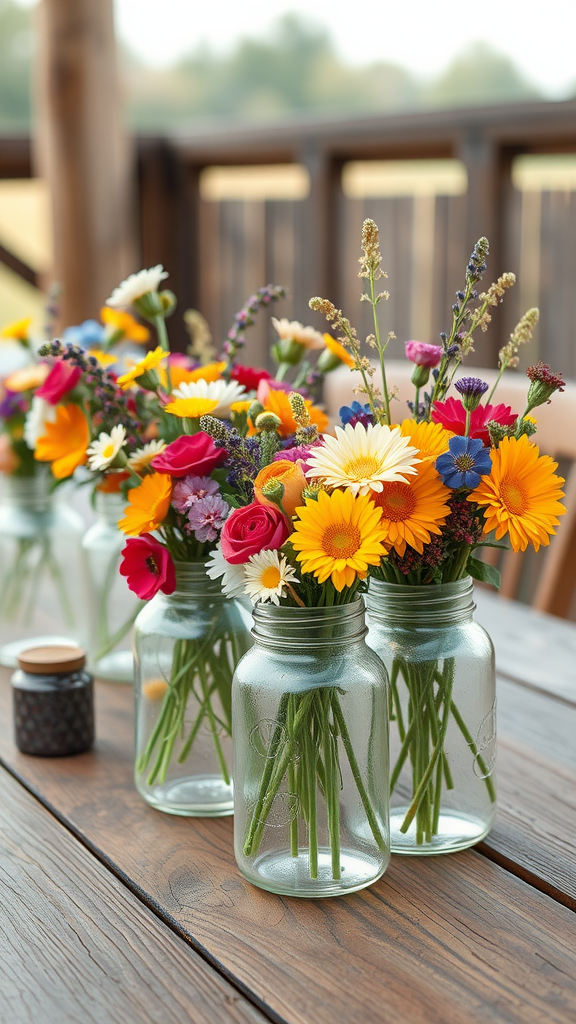 Colorful flower arrangements in mason jars on a wooden table
