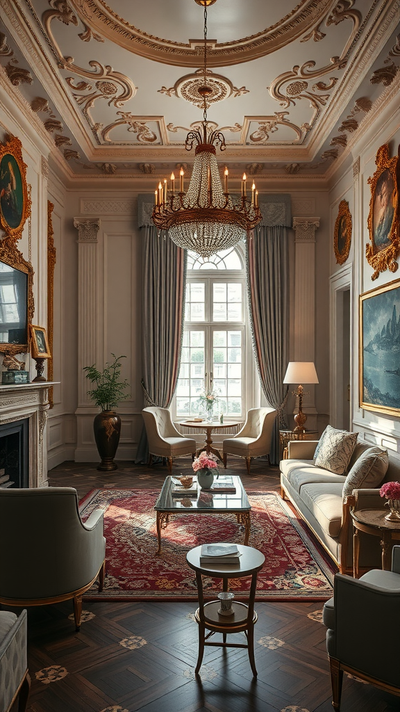 Luxurious room with Rococo style decor, featuring a chandelier, ornate ceiling, and modern furniture.