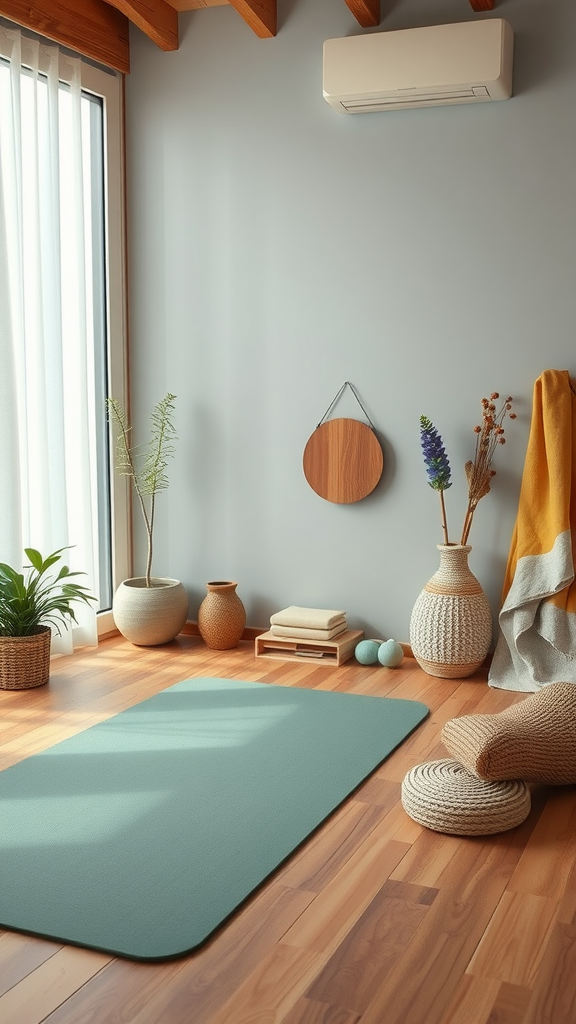 A peaceful indoor space with a yoga mat, plants, and warm wooden flooring, ideal for mindfulness and relaxation. Nesting Party