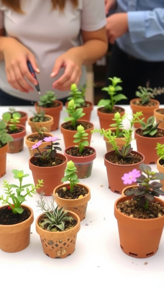 People working on miniature gardening at a table with small potted plants.