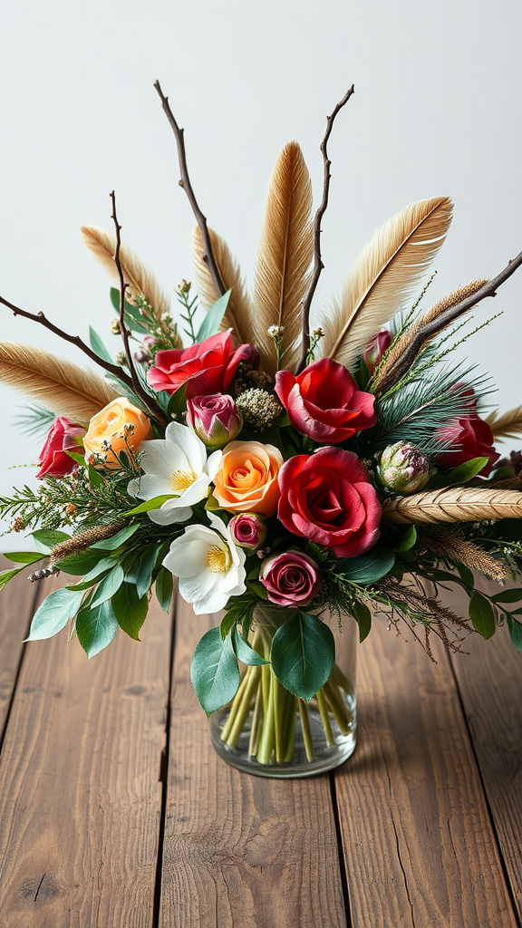 A floral arrangement featuring roses, feathers, and greenery in a glass vase