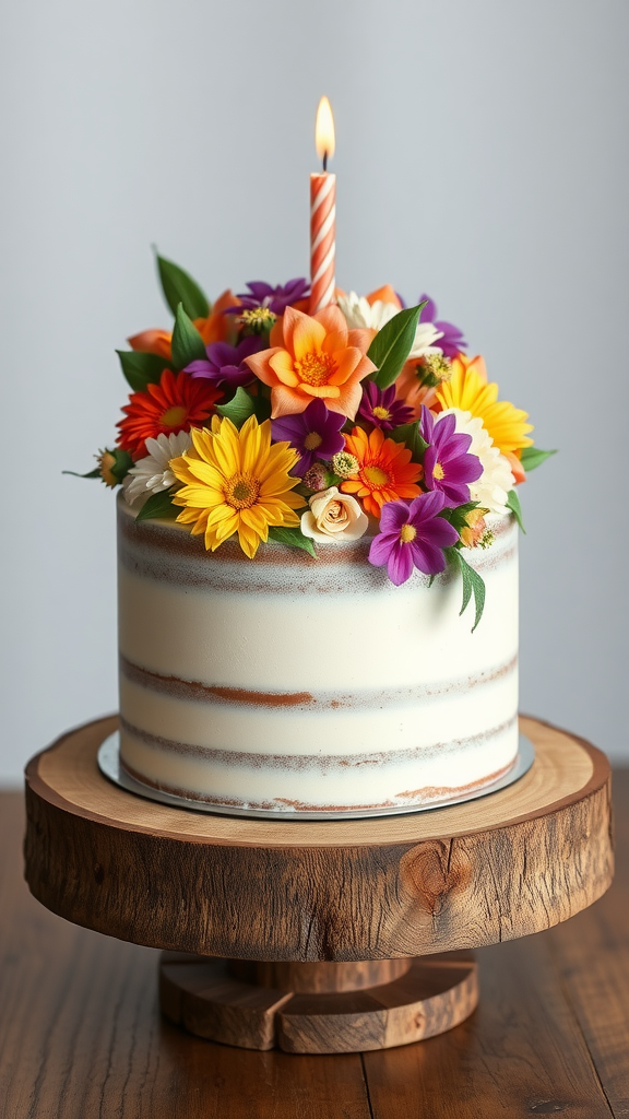 A beautifully decorated cake with colorful flowers and a candle on top, placed on a wooden stand. boho themed 1st birthday party