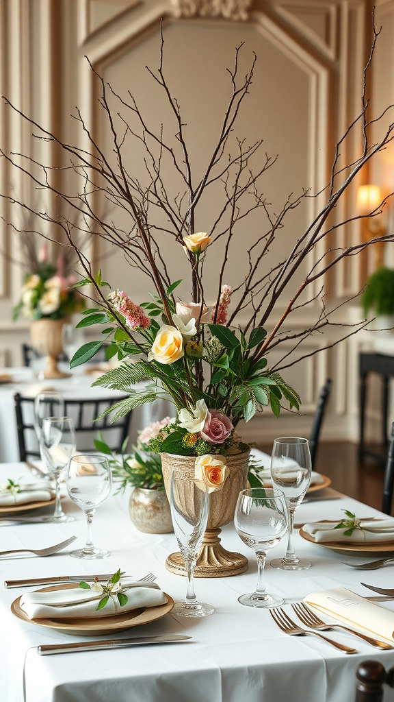 A well-decorated table with a nature-inspired centerpiece featuring flowers and branches.  Nesting Party Ideas