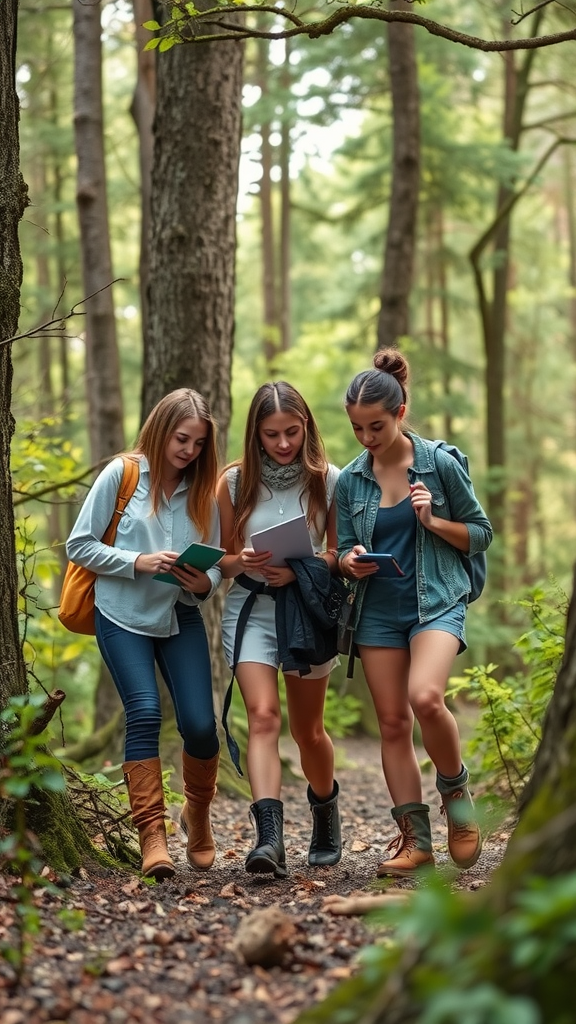 Three friends enjoying a nature walk, engaged in a scavenger hunt.
