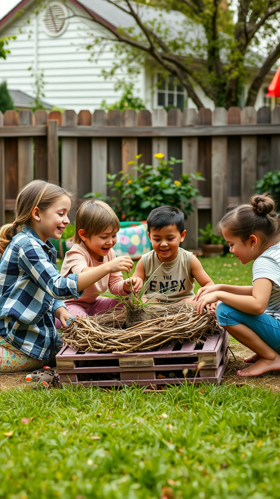Children engaging in a nesting activity, creating a nest from twigs and greenery.