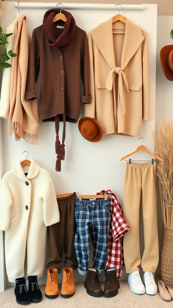 A selection of cozy clothing options including cardigans, coats, pants, and shoes, suitable for a nesting party. Nesting Party