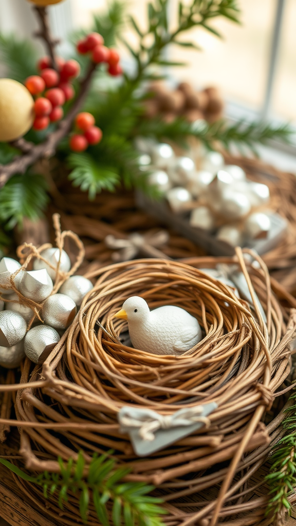 A decorative arrangement of woven nests with a white bird and natural elements, ideal for party favors.