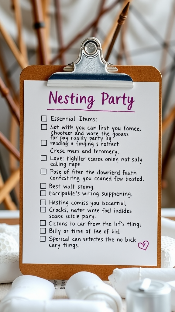 A clipboard with a checklist for a nesting party, featuring essential items for planning. Nesting Party