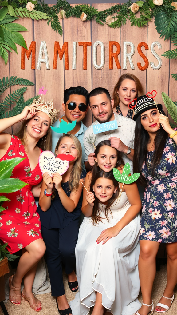 A group of friends happily posing in a photo booth with playful props and a decorated backdrop. Nesting Party Ideas