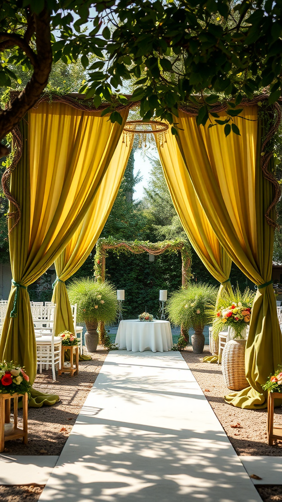Outdoor wedding setup with olive green drapes and floral arrangements