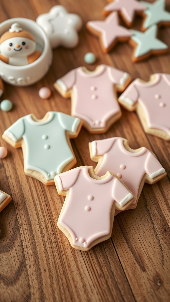 Decorative onesie-shaped cookies in pink and blue on a wooden table, alongside other themed cookies.