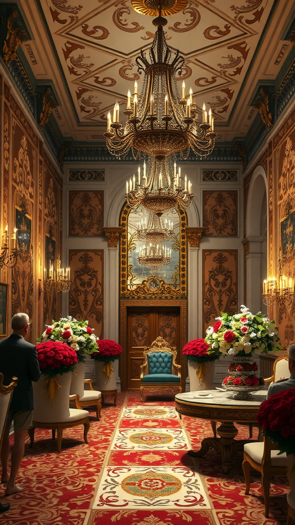 Luxurious Rococo-inspired party room with elegant decorations, chandeliers, and floral arrangements.