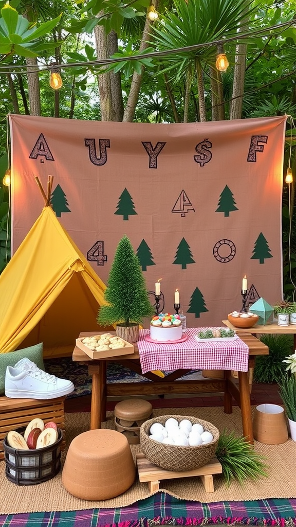 Outdoor themed birthday setup with a tent, trees, and a vibrant backdrop. boho themed 1st birthday party