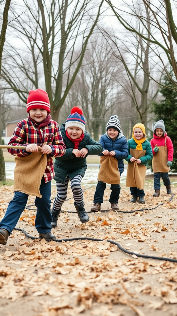 A group of children participating in a sack race outdoors during winter.