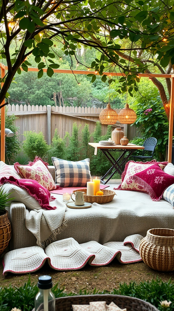 Cozy outdoor seating area with cushions, blankets, and candles surrounded by greenery. Nesting Party