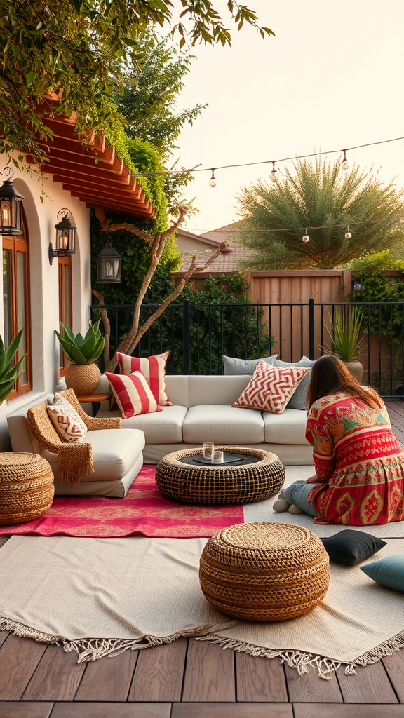 Cozy outdoor seating area with a sofa, cushions, and plants.