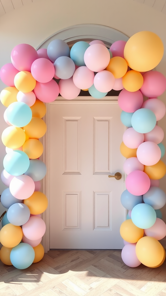 Pastel balloon garland archway with a door entrance decorated for a party