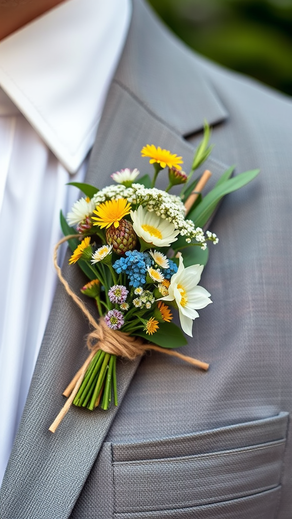 A close-up of a stylish boutonniere made with colorful flowers, wrapped in twine, pinned to a gray suit.