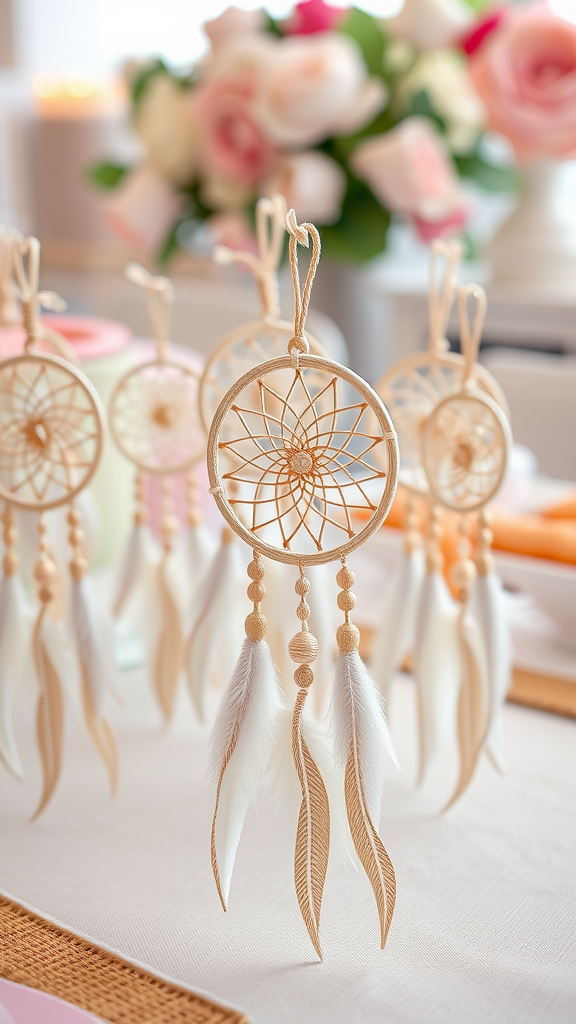 A collection of beautiful dreamcatchers with feathers, designed for a boho 1st birthday party.