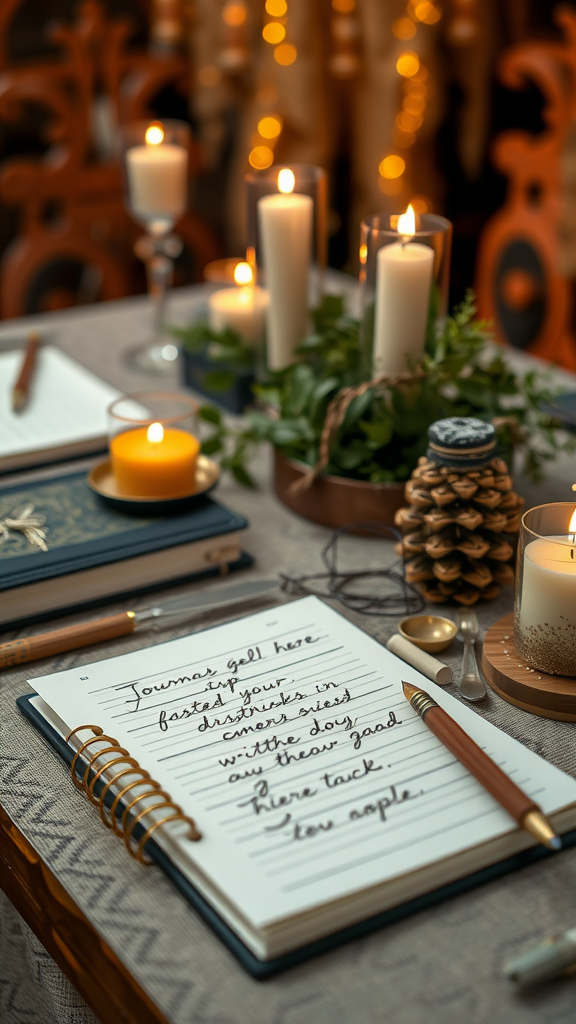 A cozy setting featuring personalized nesting journals, candles, and nature-inspired decor.