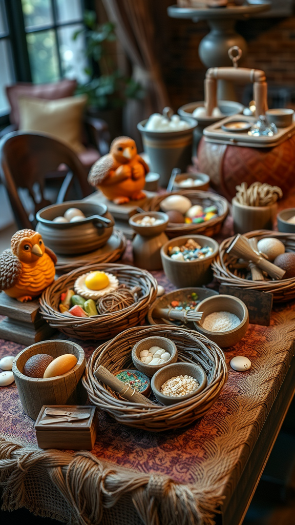 A cozy table filled with various crafting supplies for a nesting party, including colorful candies and rustic bowls.