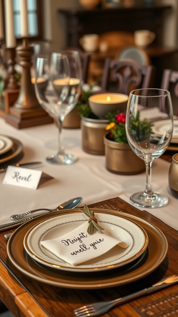 A beautifully arranged dining table with personalized place settings, featuring elegant plates, glassware, and decorative greenery.