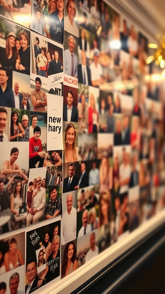 A collage of various photos on a wall, showcasing memories and moments