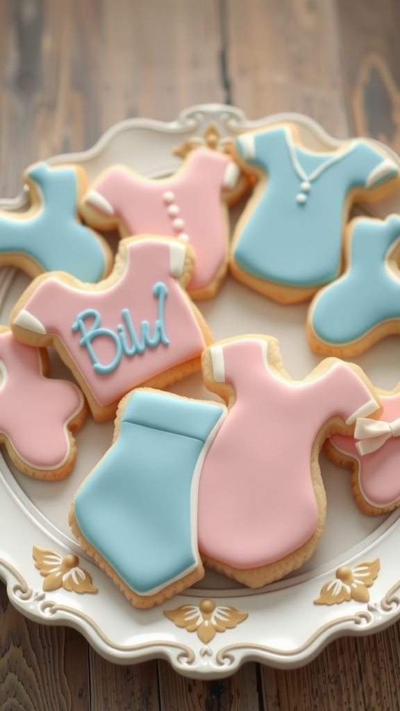 A plate of pink and blue sugar cookies shaped like dresses and pants, perfect for a valentine baby shower.