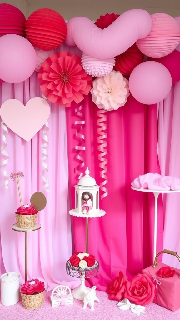 A festive baby shower setup featuring a pink and red color palette with decorations, balloons, and a cake. Valentine Baby Shower Ideas