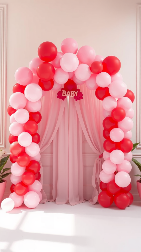 A colorful balloon arch in shades of red and pink with a sign that says 'BABY.'