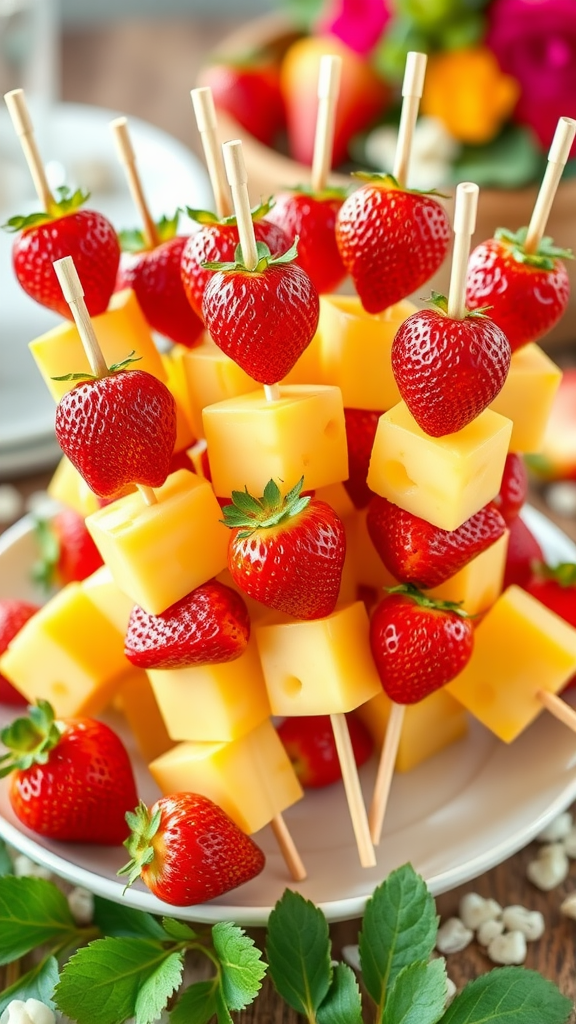 Colorful skewers of strawberries and pineapple cubes arranged on a plate.