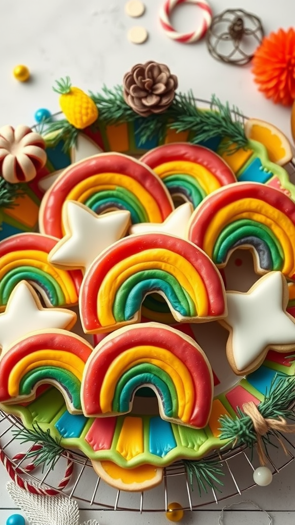 A colorful display of rainbow-shaped sugar cookies decorated with vibrant icing, perfect for celebrations. Valentine Baby Shower Sugar Cookies