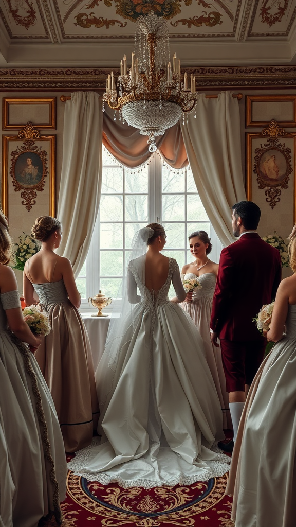 A bride in a Rococo wedding setting with bridesmaids, showcasing elegant decor and a beautiful chandelier.