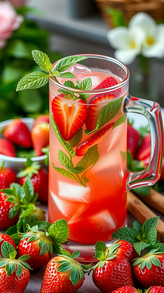 A refreshing strawberry and mint cooler served in a glass with mint leaves and sliced strawberries, surrounded by fresh strawberries.