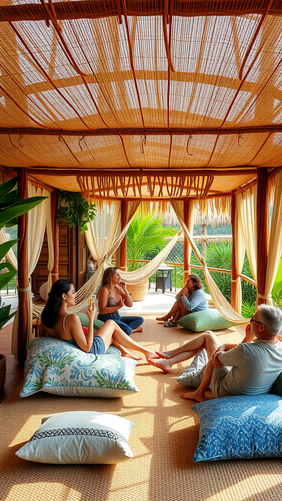 A cozy relaxation area with hammocks and pillows, where friends are enjoying drinks and conversation. Nesting Party Ideas