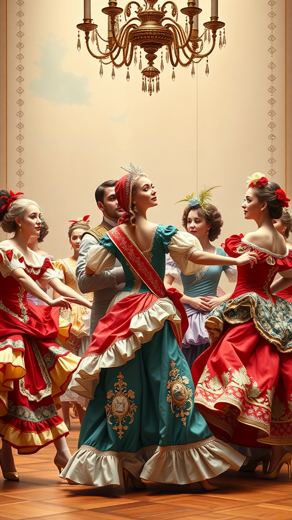 A group of elegantly dressed dancers in colorful costumes performing at a Rococo-inspired party under a chandelier.