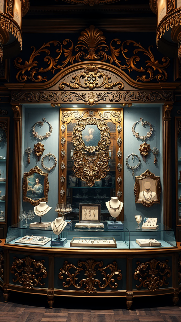 Rococo-inspired jewelry display featuring ornate designs and a vintage portrait.