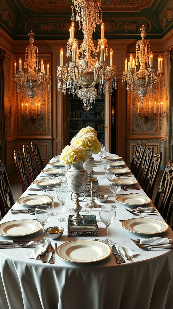 A beautifully set table for a Rococo-inspired party with elegant decor, fine china, and a floral centerpiece.