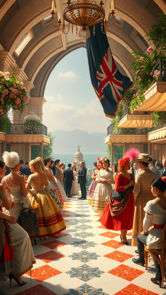 A vibrant Rococo-themed party with guests in colorful costumes, set in an elegantly decorated space