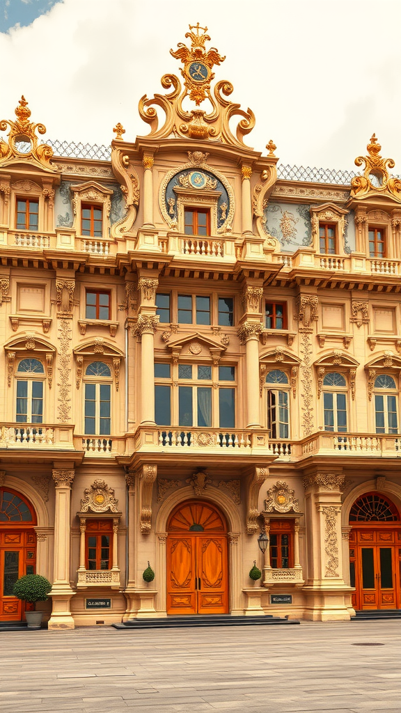 A detailed view of a beautifully designed building with ornate golden decorations and large windows, showcasing Rococo architecture.
